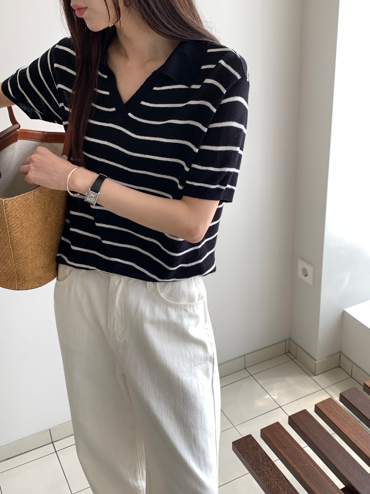 Linen striped knit top