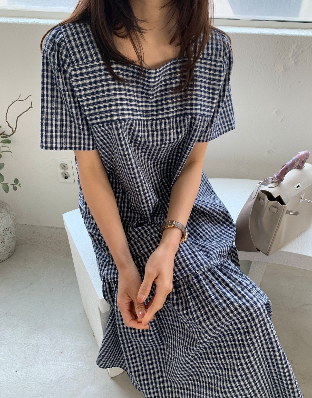 Seersucker square neck dress