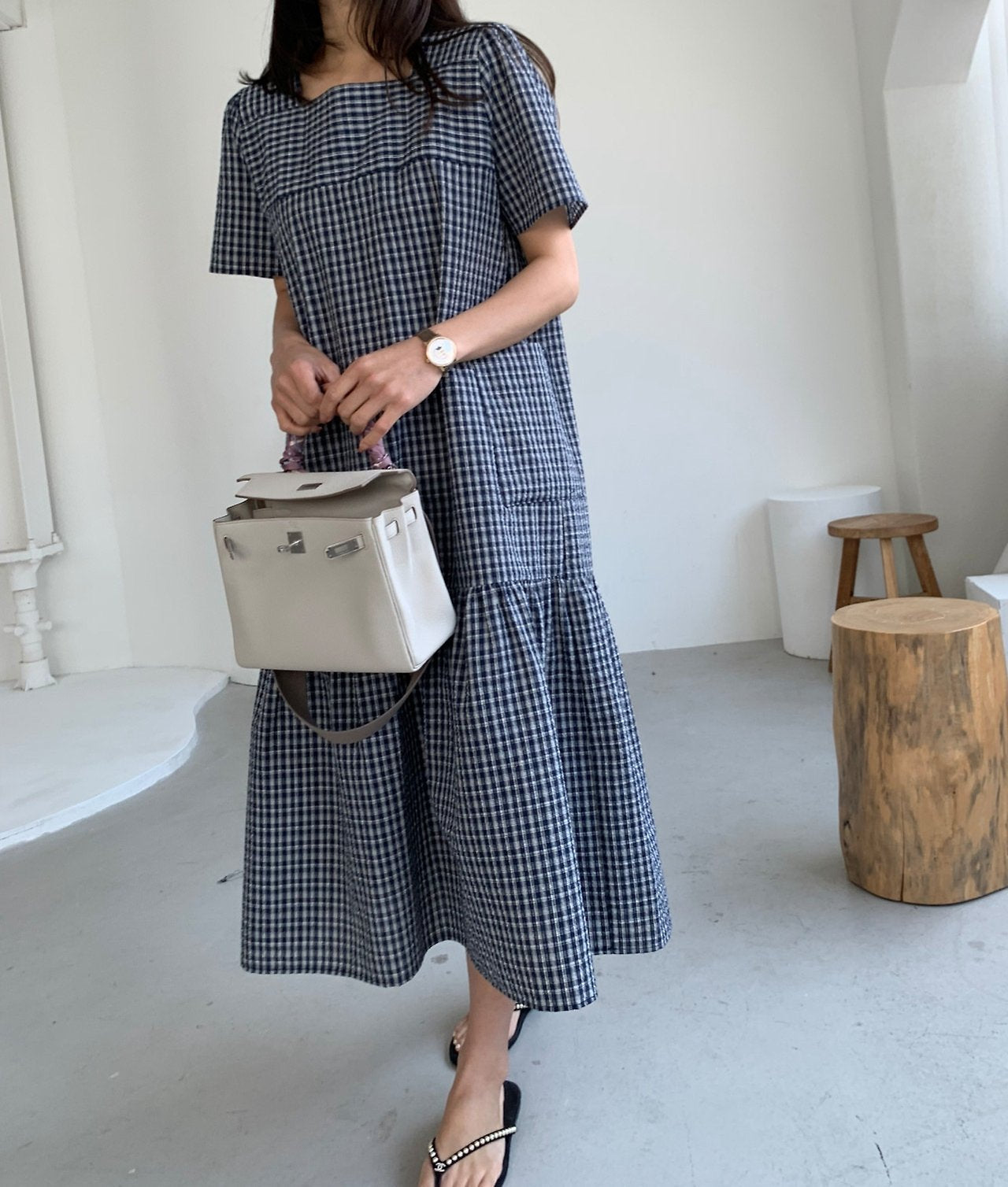 Seersucker square neck dress