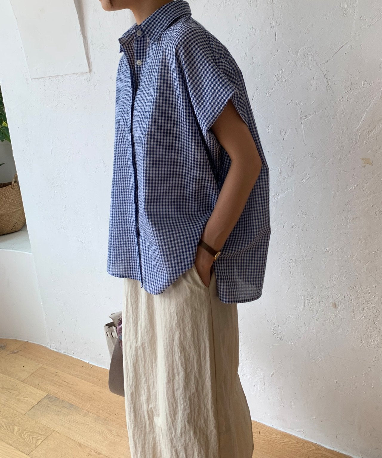 Seersucker batwing sleeves shirt