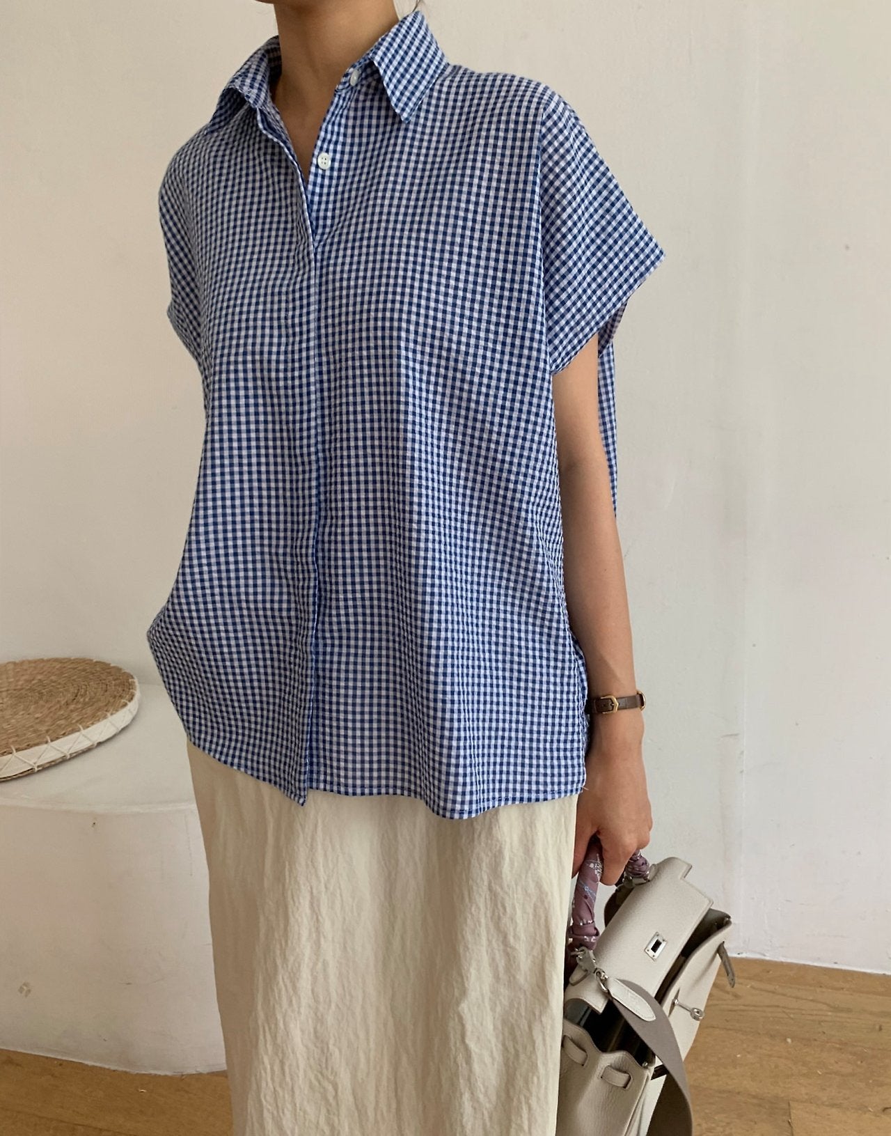 Seersucker batwing sleeves shirt