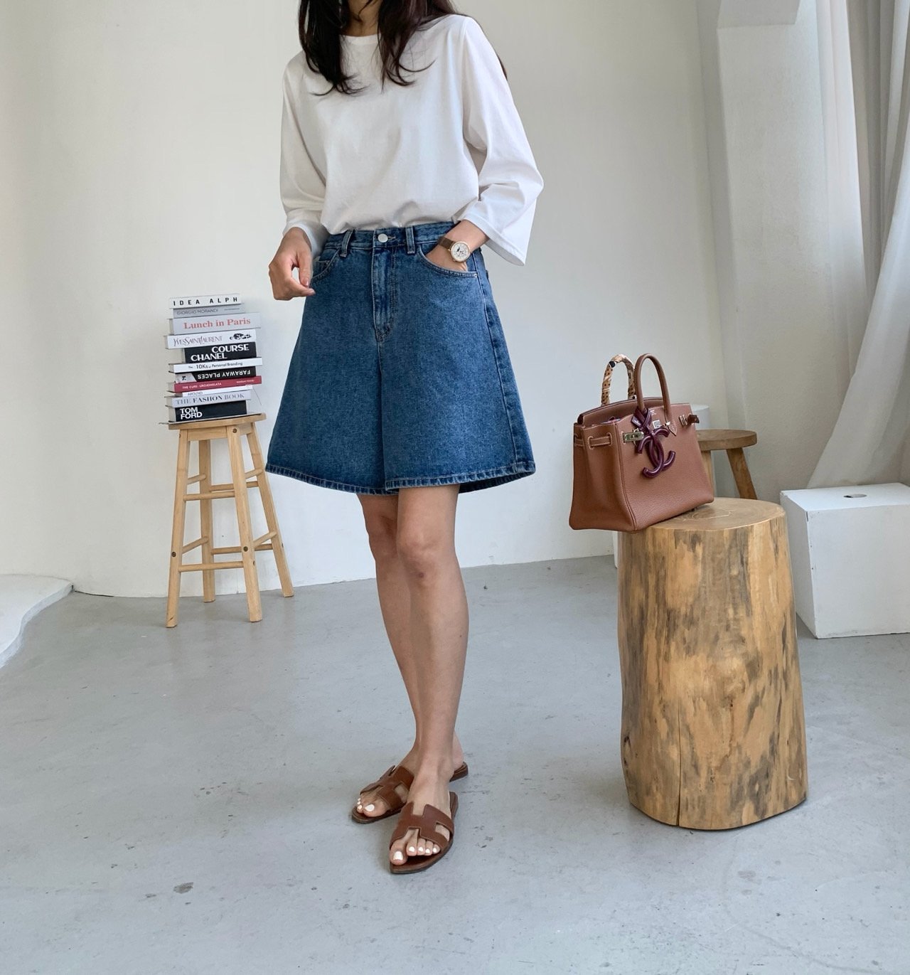 A line denim shorts
