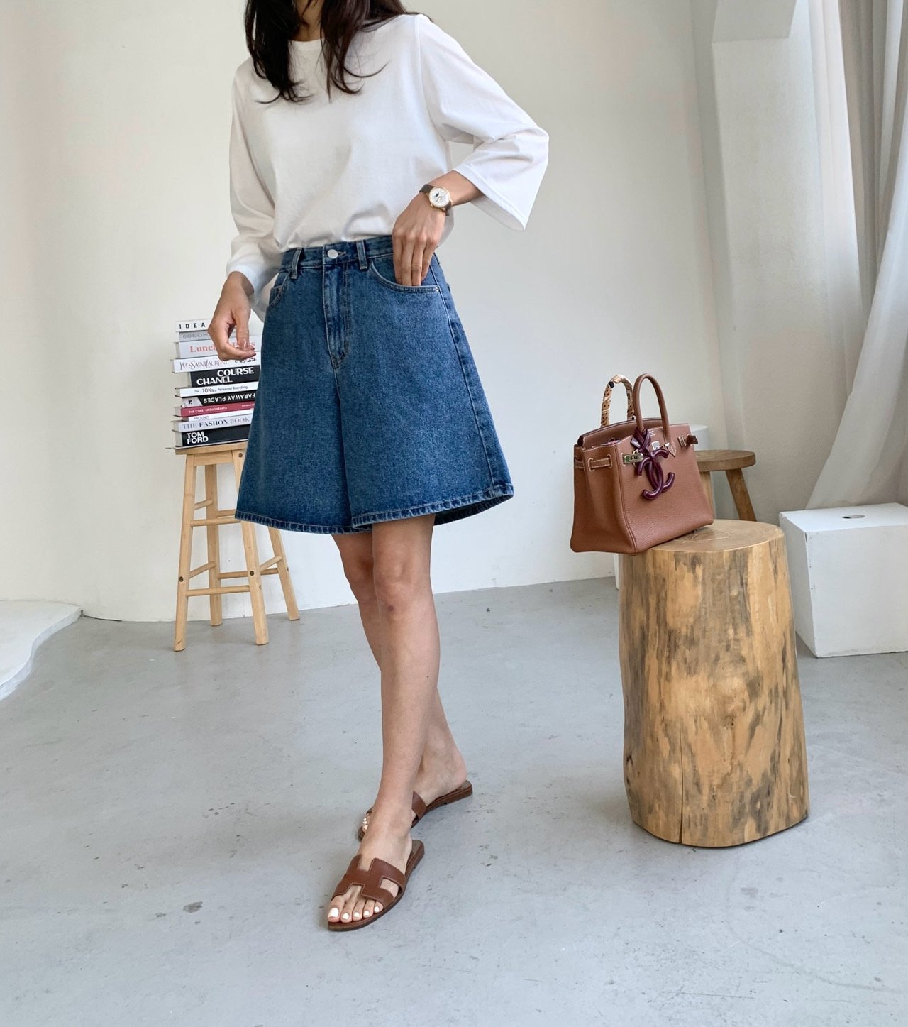 A line denim shorts