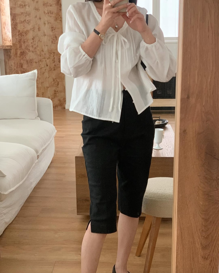 Lace neckline pintuck blouse