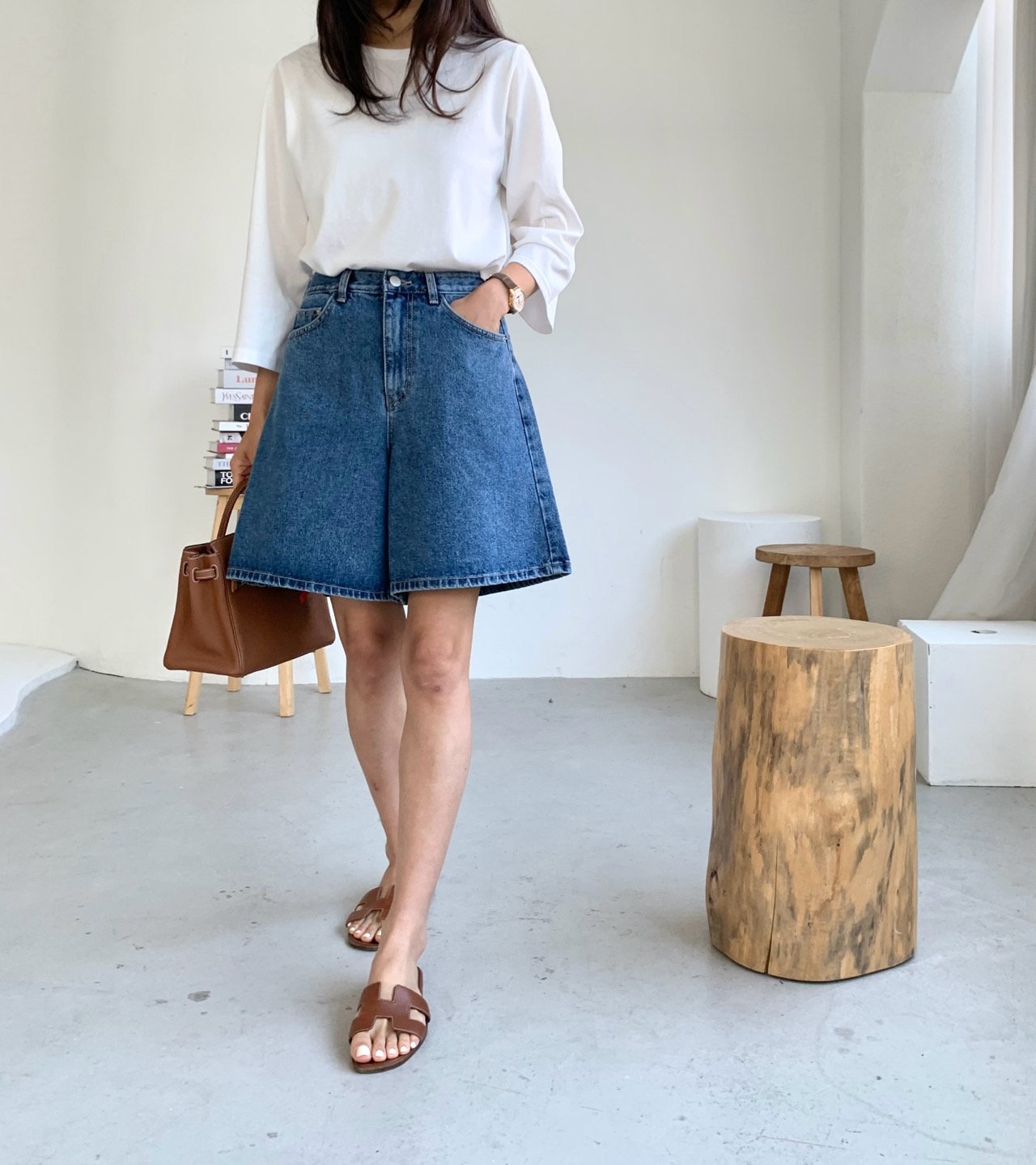 A line denim shorts