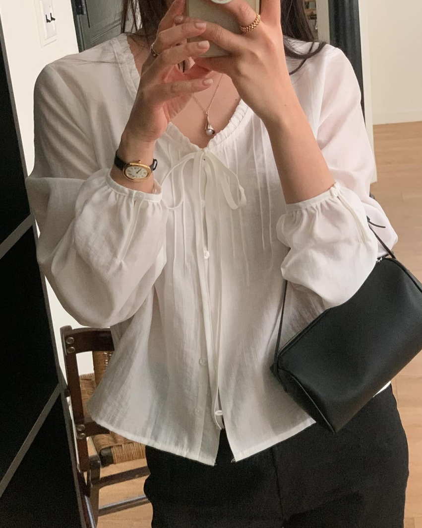 Lace neckline pintuck blouse