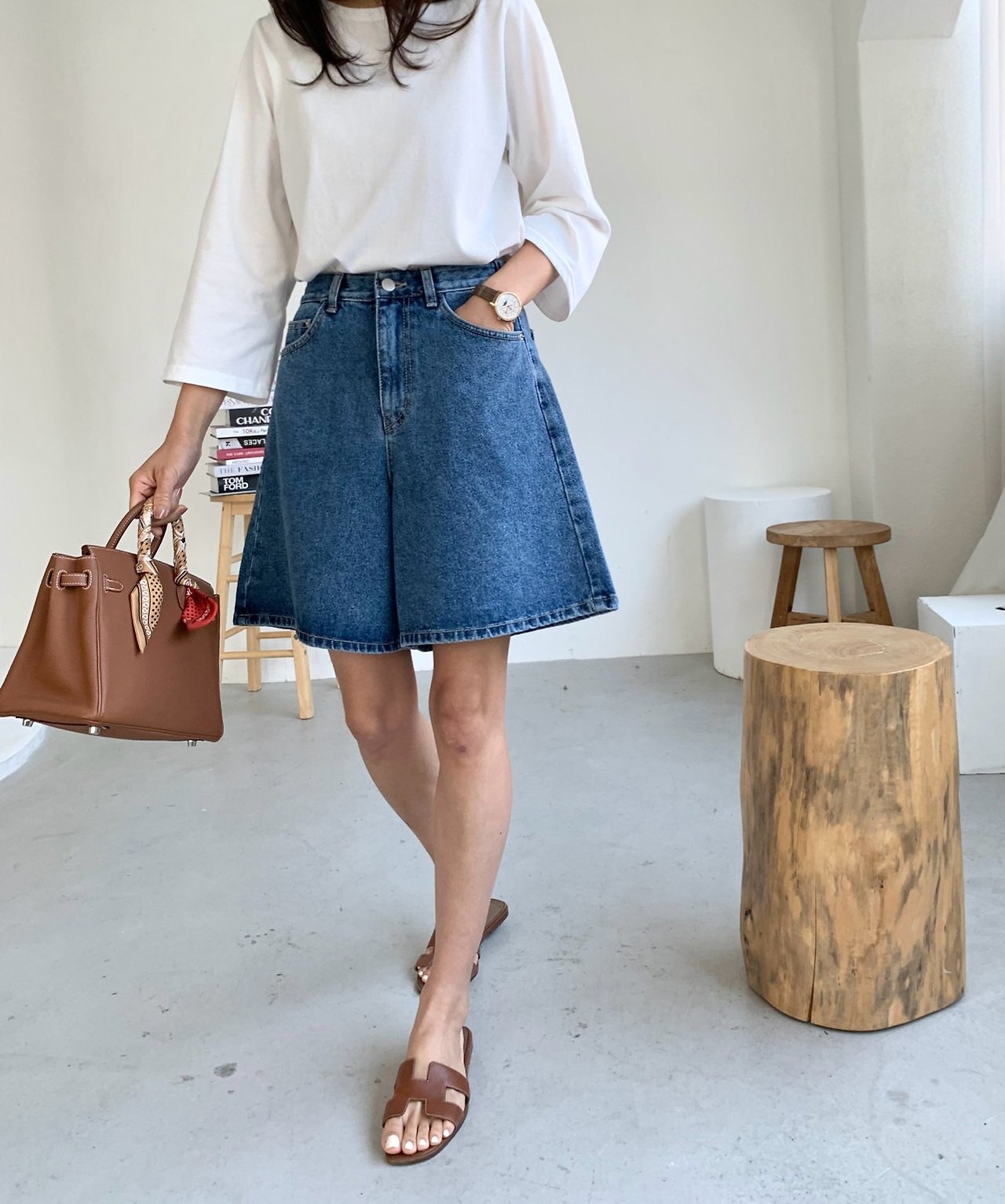 A line denim shorts