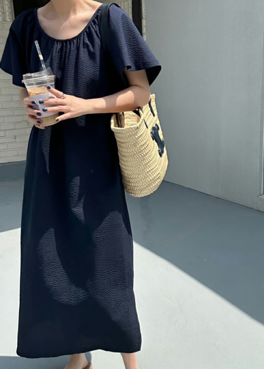 Seersucker wing sleeves dress