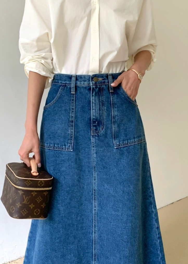 Big pocket A-line denim skirt