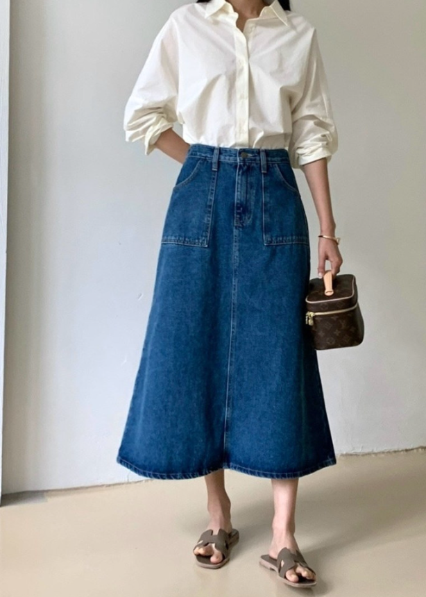 Big pocket A-line denim skirt