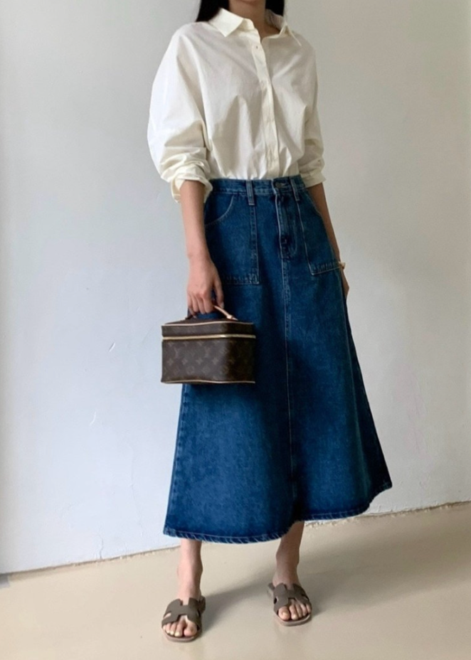 Big pocket A-line denim skirt