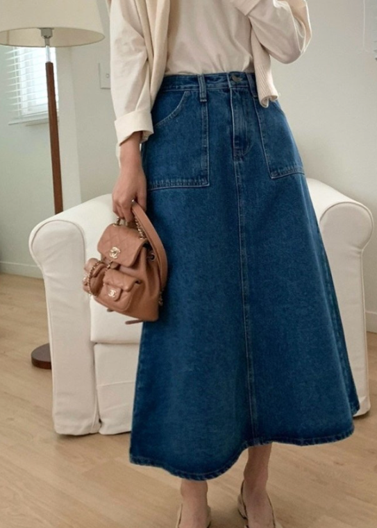 Big pocket A-line denim skirt