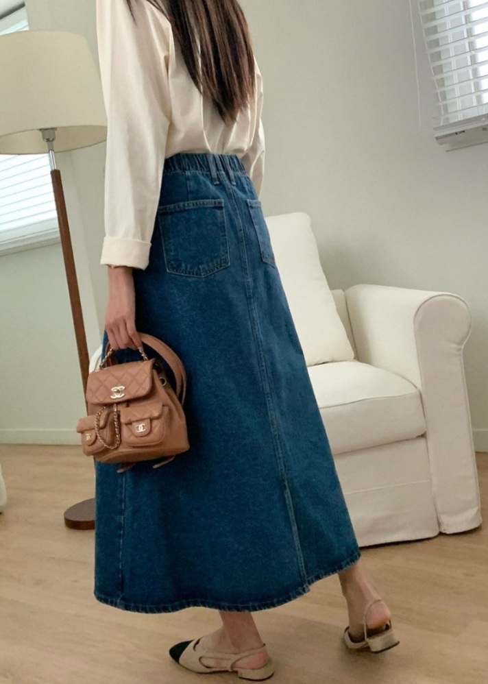 Big pocket A-line denim skirt