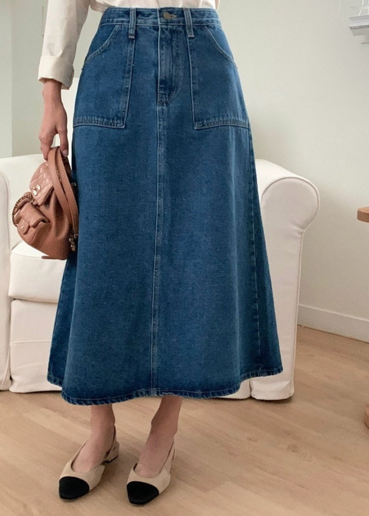 Big pocket A-line denim skirt