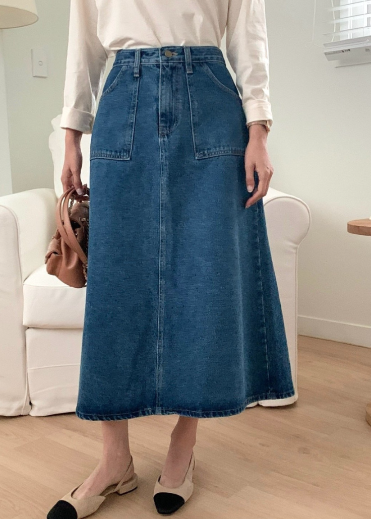 Big pocket A-line denim skirt