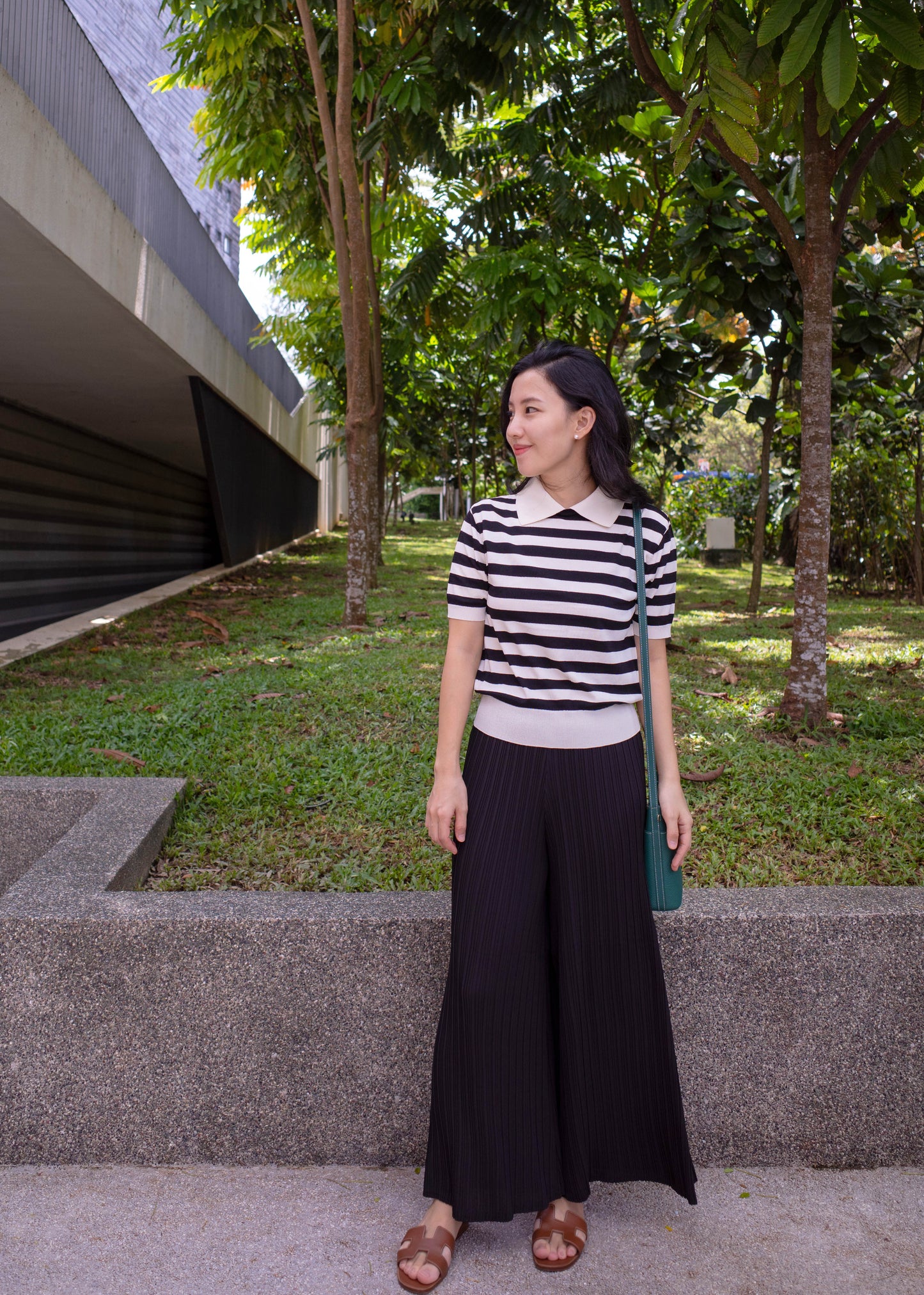 Pleated A-line wide pants